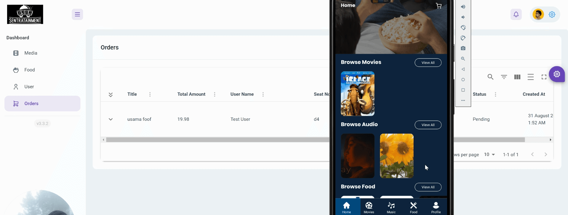 Sentrataiment – Streaming + Food Ordering